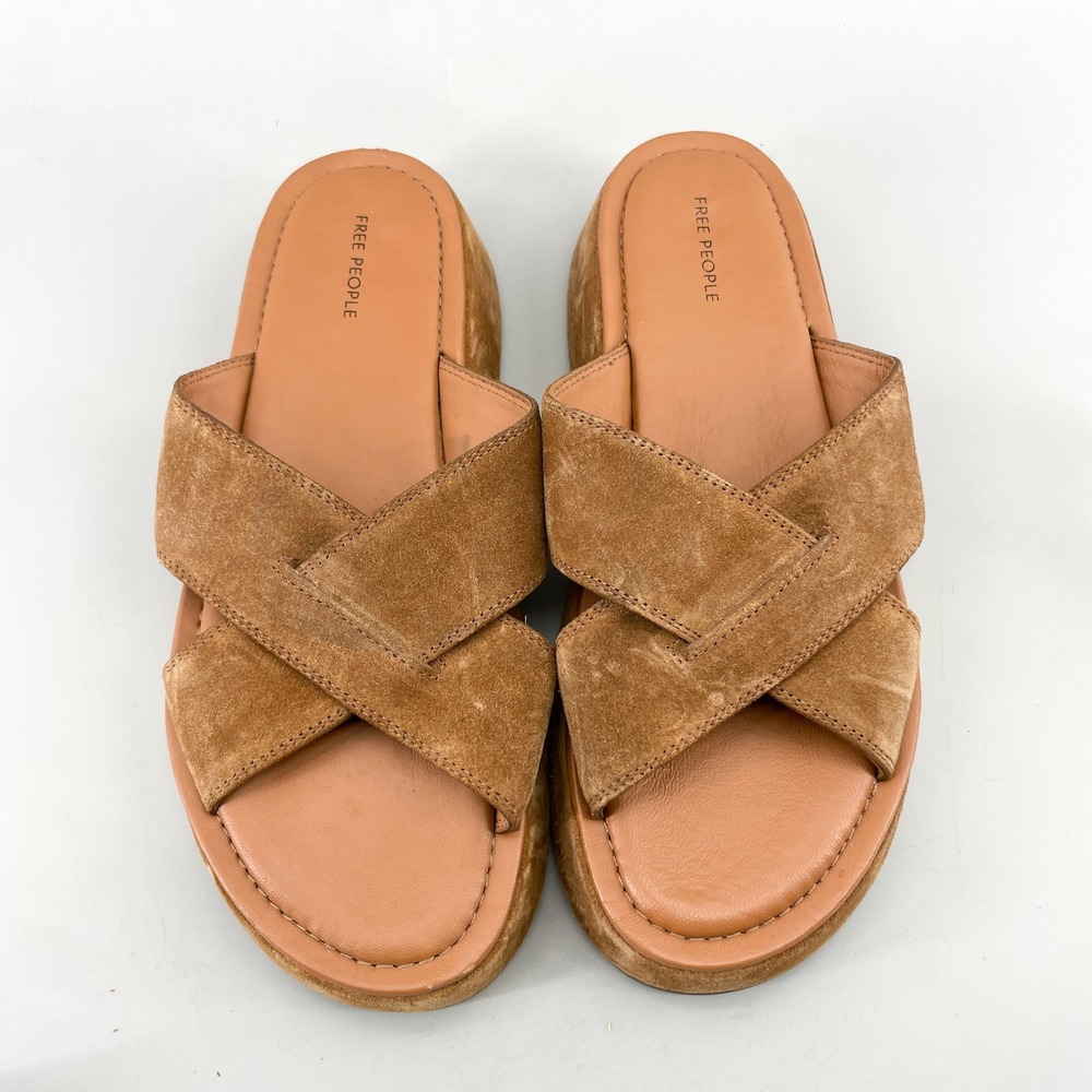 Free People Womens 10 Tan Suede Crisscross Platform Slide Sandals Boho Retro 70s